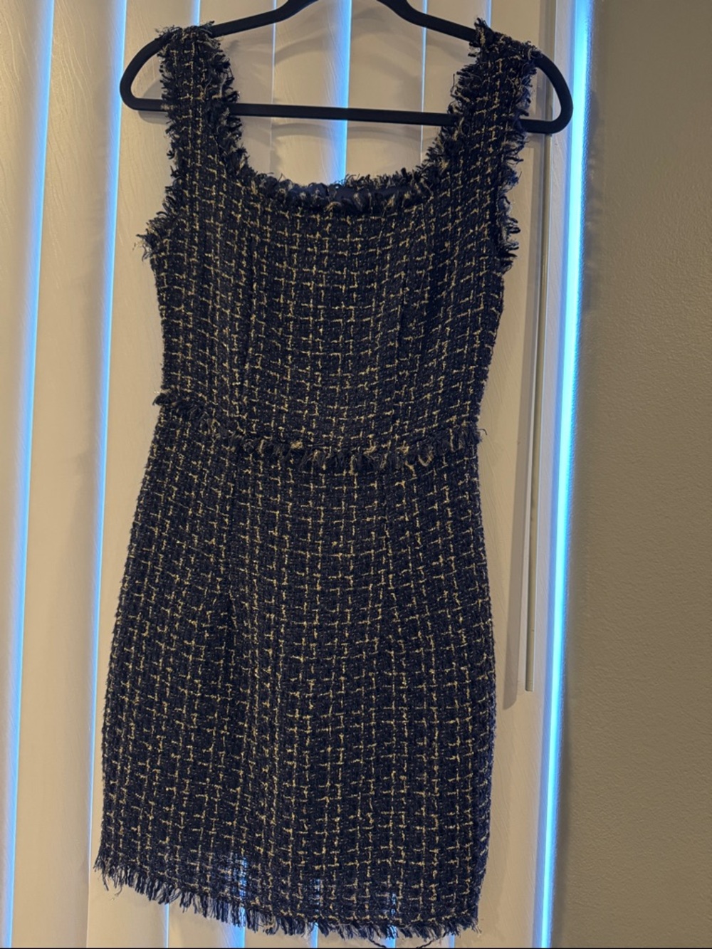 SHEIN Navy Gold Tweed Fringed Mini Dress